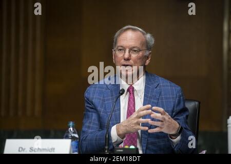 Dr. Eric E. Schmidt, Co-Founder, Schmidt Futures, responds to questions during a Senate Committee on Armed Services hearing to examine emerging technologies and their impact on national security, in the Dirksen Senate Office Building in Washington, DC, USA, Tuesday, February 23, 2021. Photo by Rod Lamkey/CNP/ABACAPRESS.COM Stock Photo