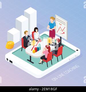 Business coaching online isometric composition on textured gradient background, staff training on mobile device screen vector illustration Stock Vector