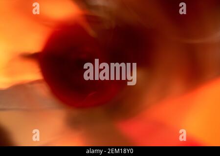Close-up of a splash of red wine whirling, shot deep inside the glass; motion blur with red, rose, orange, yellow tinges reflected off the glass Stock Photo
