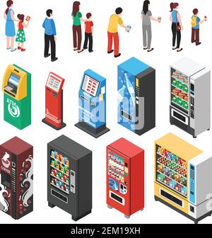 Automaticvending machines selling snacks refreshments coffee soup drinks tickets contraceptives isometric icons collection isolated vector illustratio Stock Vector