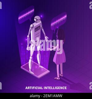 Artificial intelligence isometric composition on violet background with girl during communication with chat bot vector illustration Stock Vector