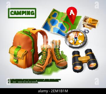 Camping realistic composition with big green headline and icon set on theme vector illustration Stock Vector