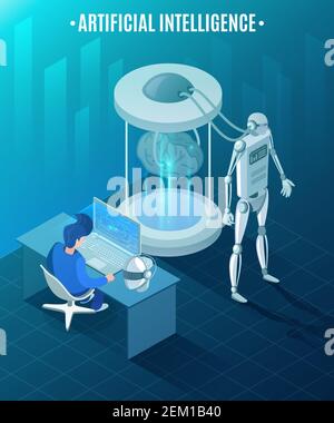 Man near computer during creation of artificial intelligence in form of humanoid robots isometric vector illustration Stock Vector