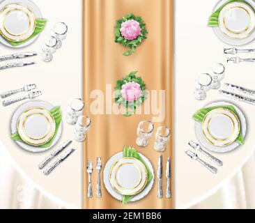 Dinner table set up background with top view of table covered with festive tablecloth and decorated by flowers realistic vector illustration Stock Vector