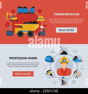 Colorful horizontal mining banners set with coal transportation and tools of professional miner flat isolated vector illustration Stock Vector