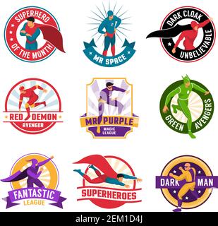 Popular games movies superhero characters isometric emblems collection with red demon and dark man isolated vector illustration Stock Vector