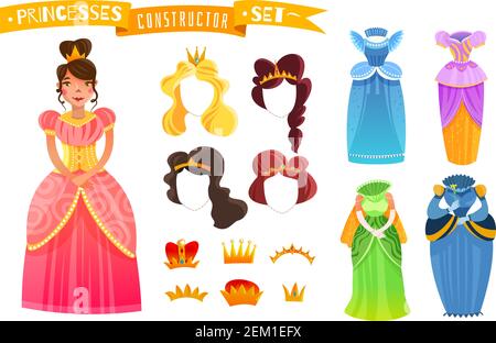Princesses constructor set with isolated colorful elements of clothes hairdo and crowns cartoon vector illustration Stock Vector