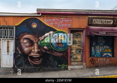 Colorful street art in the streets of the old town of Valparaiso, Chile Stock Photo