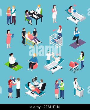 Pregnancy isometric icons, gynecologist and ultra sound scan, expectation baby, child birth, happy parents isolated vector illustration Stock Vector