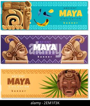 Maya civilization horizontal banners with symbols of traditional mayan culture history and religion isolated vector illustration Stock Vector