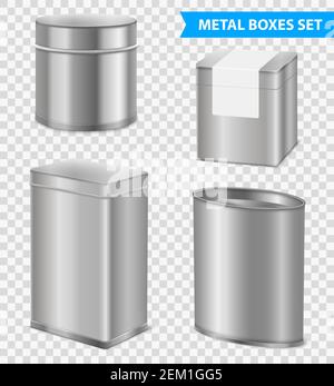 Tea packaging tins and metal boxes variously shaped 4 realistic images set on transparent background vector illustration Stock Vector