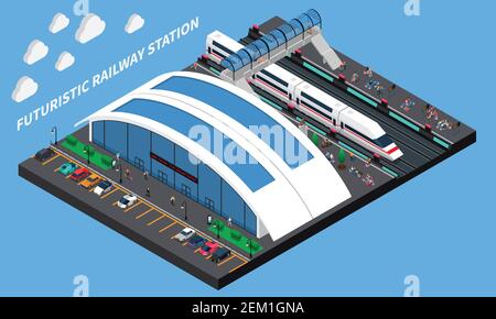 Futuristic railway station isometric composition with spacious station speed train and elevated pedestrian crossing vector illustration Stock Vector
