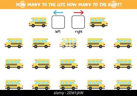 Left or right with cartoon yellow school bus. Educational game to learn left and right. Stock Vector