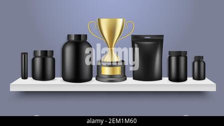 Black sport nutrition packaging container mockup set, vector illustration. Sport food supplements and vitamins. Stock Vector
