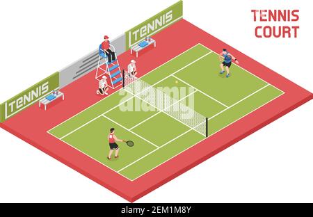 Sport field tennis court isometric composition with 2 players ball boys and referee in tall chair vector illustration Stock Vector