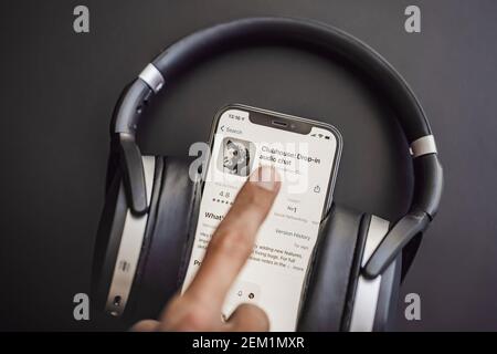 February 23, 2021, USA, New York: Clubhouse audio chat application view on the smartphone IPhone 12 pro. Clubhouse gained incredible popularity in Stock Photo