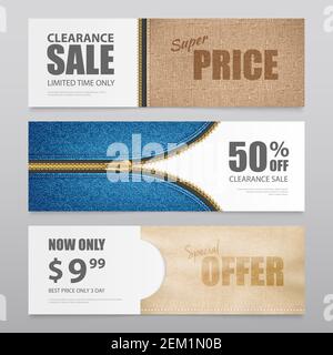 Cloth textile clearance sale special offer 3 horizontal advertisement banners with realistic fabric texture isolated vector illustration Stock Vector