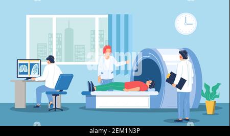 Computed tomography scan of the chest, flat vector illustration. CT lung screening procedure, lung checkup. Stock Vector