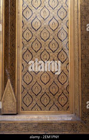 Close up view of art on a wall at the famous Wat Phra Kaew, also known as the Grand Palace in Bangkok. Stock Photo