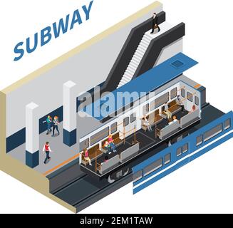 Subway isometric composition of metro station vestibule with moving staircase train and passenger vector illustration Stock Vector