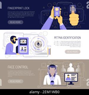 Set of three horizontal identification technologies banners with read more buttons editable text and flat images vector illustration Stock Vector