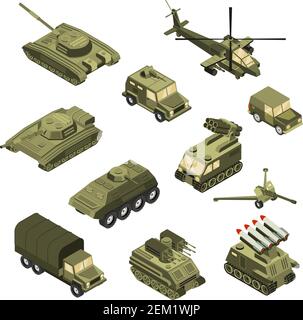 Military armored transportation cargo personnel carrier fighting land vehicles and helicopter isometric icons collection isolated vector illustration Stock Vector