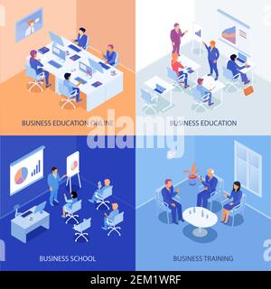 Business education isometric design concept with online school, discussions during training, lecturer and listeners isolated vector illustration Stock Vector