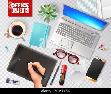 3D office objects on transparent background including personal accessories, electronic devices, stationery, plant and coffee vector illustration Stock Vector