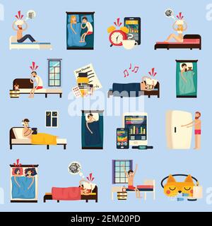 Sleep disorder orthogonal flat icons people with insomnia, healthy night rest, medications and earplugs isolated vector illustration Stock Vector