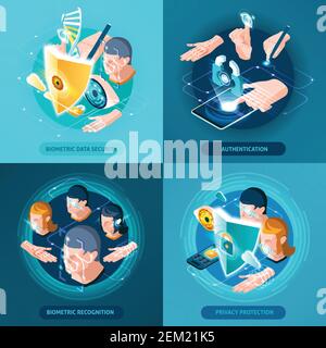 Biometric recognition authentication data security and privacy protection concept 4 isometric icons square composition isolated vector illustration Stock Vector