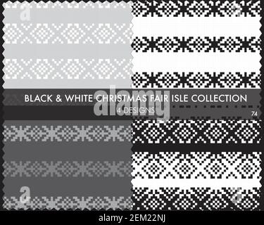 Black and White Christmas fair isle pattern collection includes 4 design swatches for fashion textiles, knitwear and graphics Stock Photo