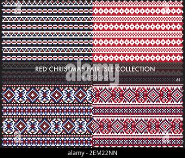 Red Christmas fair isle pattern collection includes 4 design swatches for fashion textiles, knitwear and graphics Stock Photo
