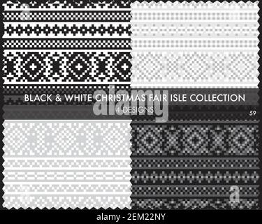 Black and White Christmas fair isle pattern collection includes 4 design swatches for fashion textiles, knitwear and graphics Stock Photo