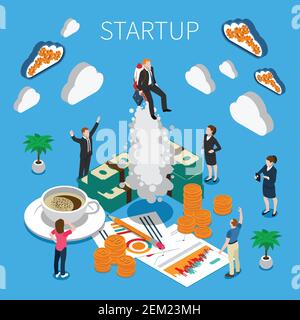 Business startup isometric composition with business icons and people united in teamwork  group watching successful quick start of business vector ill Stock Vector
