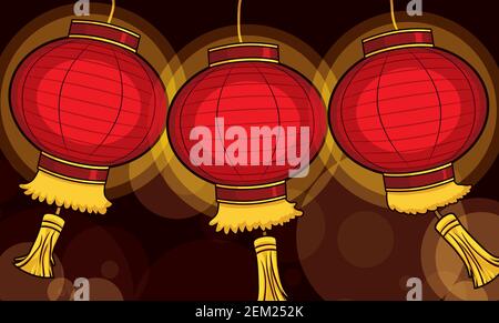 Banner with three traditional Chinese lanterns with fringes, illuminating the night with bokeh effect. Stock Vector
