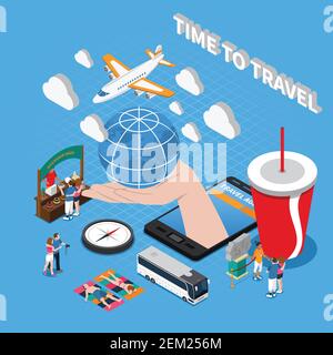 Time to travel  composition with plane compass souvenir shop globe on human palm isometric icons vector illustration Stock Vector