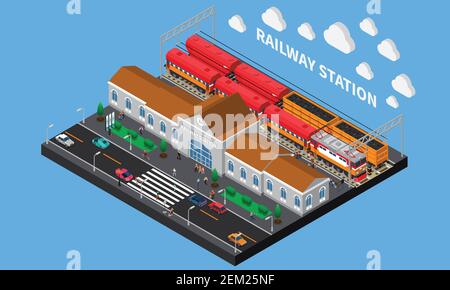 Railway station isometric composition with freight and passenger trains waiting for departure at platform vector illustration Stock Vector