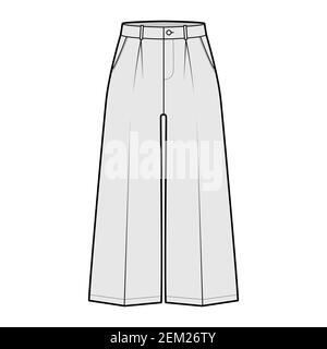 Pants capri technical fashion illustration with low waist, rise, single pleat, mid-calf length, wide legs, seam pockets. Flat trousers apparel template, grey color. Women, men, unisex CAD mockup Stock Vector