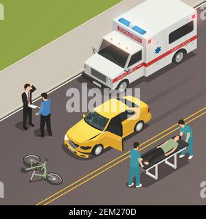 Traffic accident scene of car collision with bicycle isometric composition with drivers involved and ambulance vector illustration Stock Vector