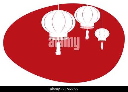Red sign decorated with three silhouettes of Chinese lanterns, isolated over white background. Stock Vector