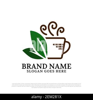 Coffee and tea logo vector inspiration, vector template of green leaf with mug Illustration design line art Stock Vector