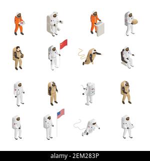 Astronauts explorers in spacesuit figures isometric icons collection with spacemen floating in outer space isolated vector illustration Stock Vector