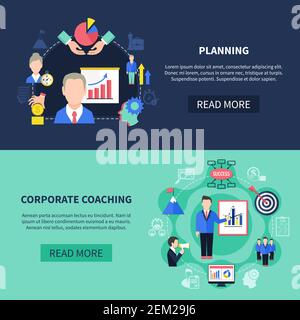 Coaching horizontal banners set with corporate coaching symbols flat isolated vector illustration Stock Vector