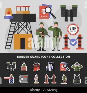 Stop control border guard apparel and equipment icons collection set flat isolated vector illustration Stock Vector