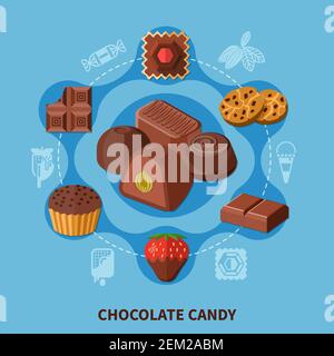 Flat round composition with chocolate bar, candies of various shape, cookie on blue background vector illustration Stock Vector