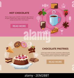 Horizontal flat banners with chocolate pastries and hot drink from cacao beans isolated vector illustration Stock Vector