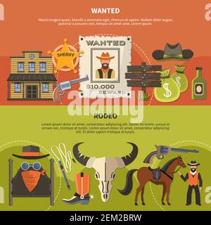 Horizontal banners with sheriffs attributes, wanted person poster with reward, cowboy accessories for rodeo isolated vector illustration Stock Vector