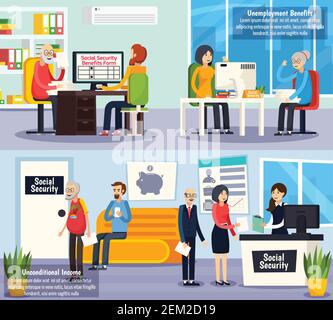 Social security orthogonal horizontal banners with unconditional income and documents execution for unemployment benefits isolated vector illustration Stock Vector