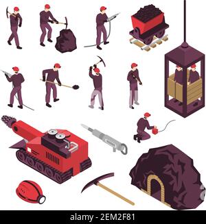 Mining industry workers machinery surface and underground  equipment isometric icons set with pneumatic coal pick isolated vector illustration Stock Vector