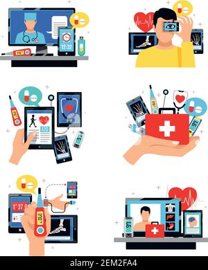 Digital health innovative self-care and control technology 6 symbols compositions set isolated flat vector illustration flat Stock Vector